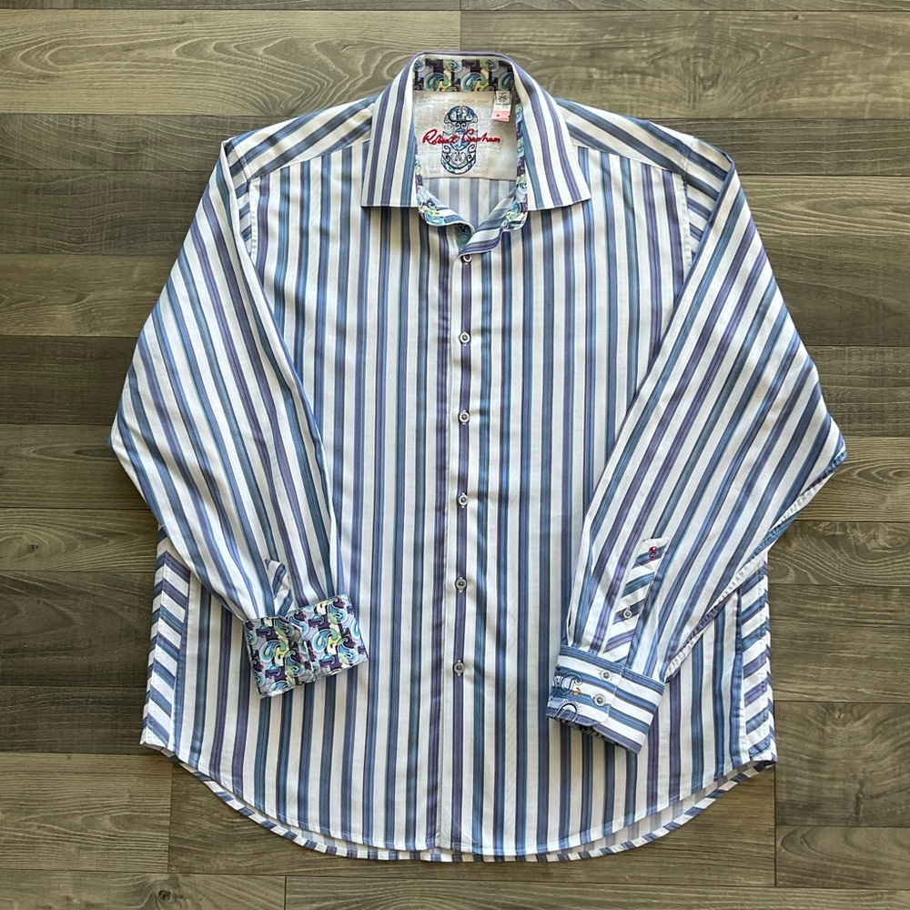 Robert Graham Classic Fit Button Up Shirt Men’s 2XL Navy Blue White Flip Cuff